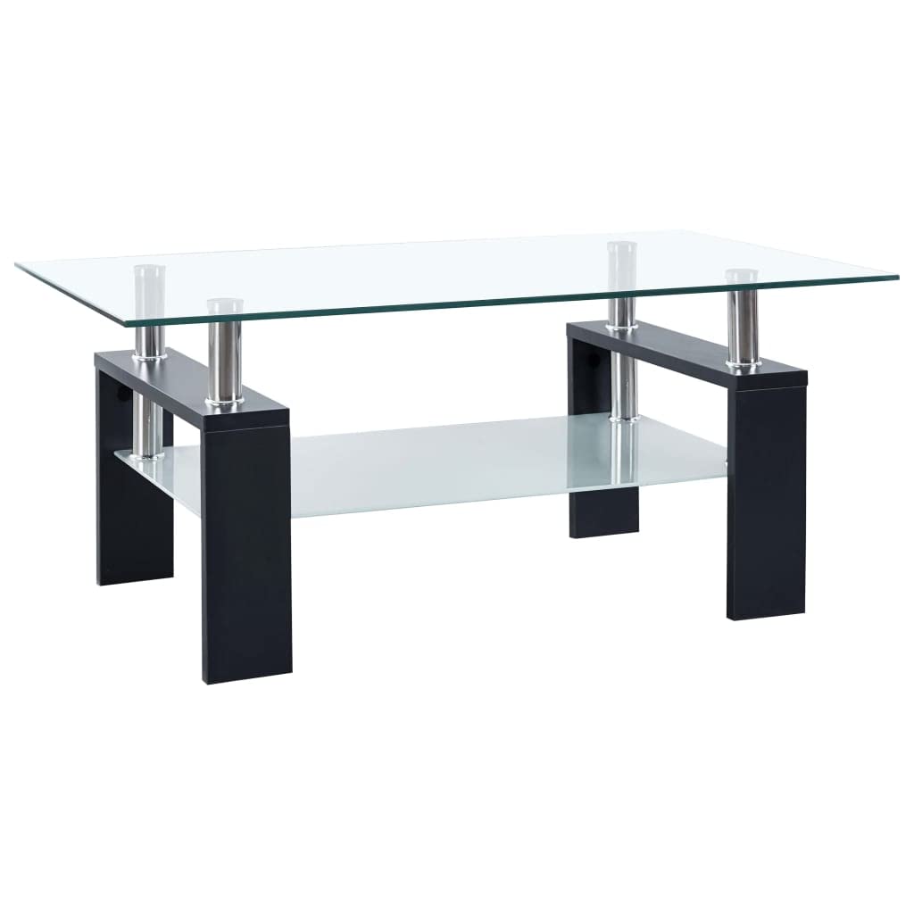 vidaXL Tempered Glass Coffee Table with Melamine Legs, Modern 2-Tier Design, Easy to Clean, Black and Transparent, 37.4&quot;x21.7&quot;x15.7&quot;