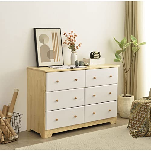 Better Home Products Solid Pine Wood 6 Drawer Double Dresser in Natural & White.