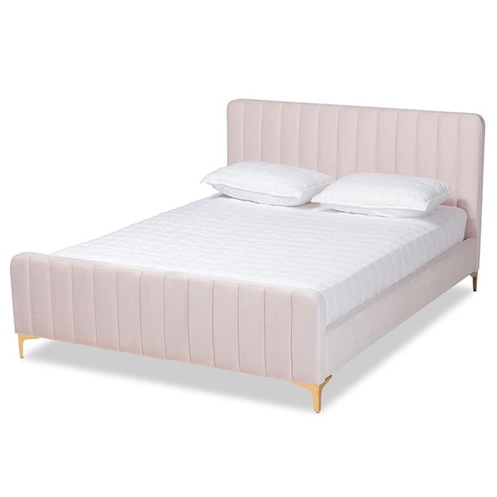 Baxton Studio Nami Modern Contemporary Glam and Luxe Light Pink Velvet Fabric Upholstered and Gold Finished Queen Size Platform Bed
