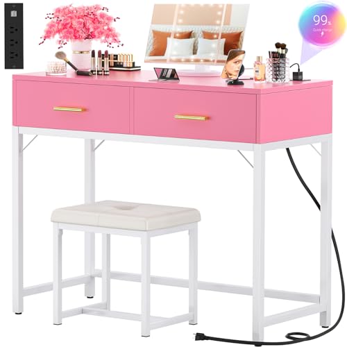Cyclysio Vanity Desk With Charging Station, Pink Makeup Vanity With Lighted Mirror, Tri-Fold, Small Vanity Set With Drawers And 3 Outlets & 2 Usb, 36'' Vanitys With Stool, Girls Vanity, Pink
