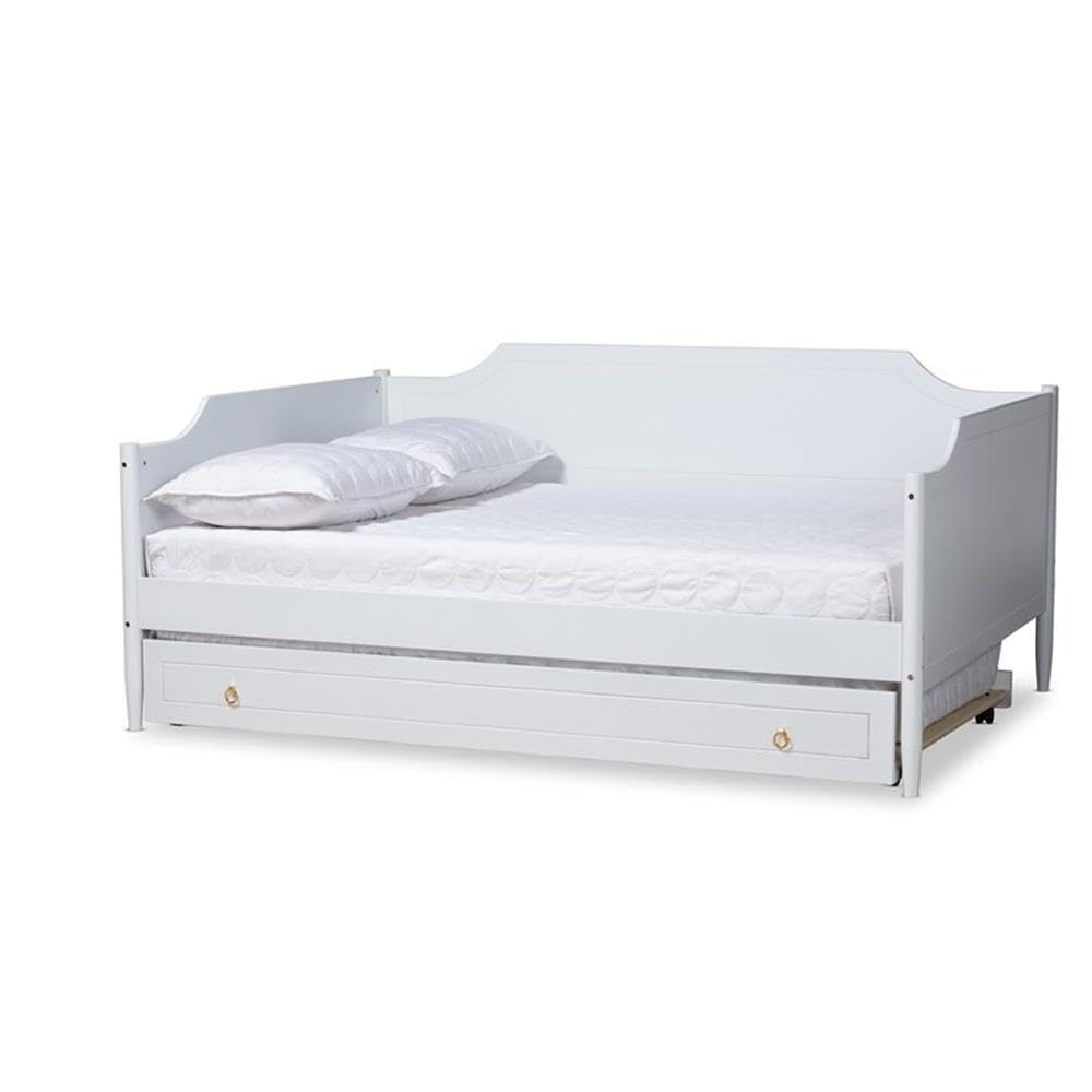 Baxton Studio Alya Classic Traditional Farmhouse White Finished Wood Full Size Daybed with Roll-Out Trundle Bed