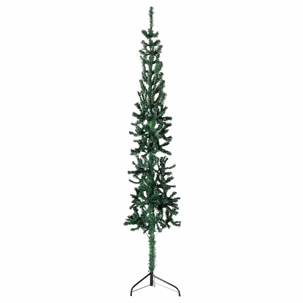 vidaXL Slim Artificial Half Christmas Tree with Stand, 8 ft Height, Space Saving Green PVC Christmas Tree, Easy to Assemble, Ideal for Small Space, Lifelike Look, Without Ornaments