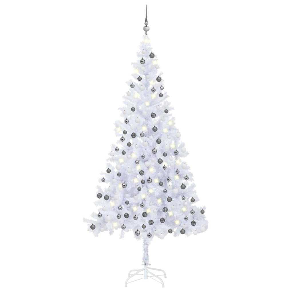 vidaXL White and Gray Artificial Christmas Tree - 94.5”, Pre-Lit with LED Lights, Comes with Shiny and Glitter Balls, Suitable for Outdoor Use, Easy Assembly & Storage