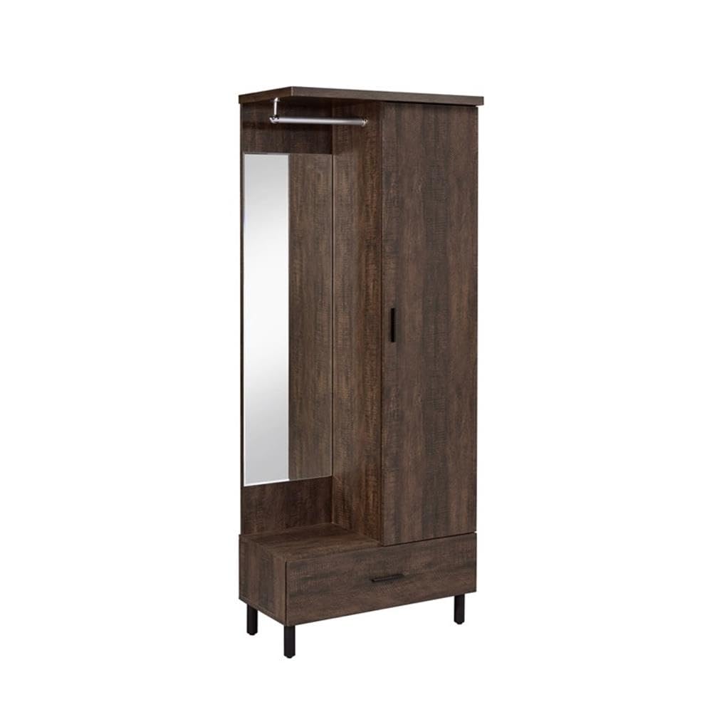Acme Tsula Wooden and Mirror 1-Drawer Hall Tree with 1 Door in Rustic Walnut