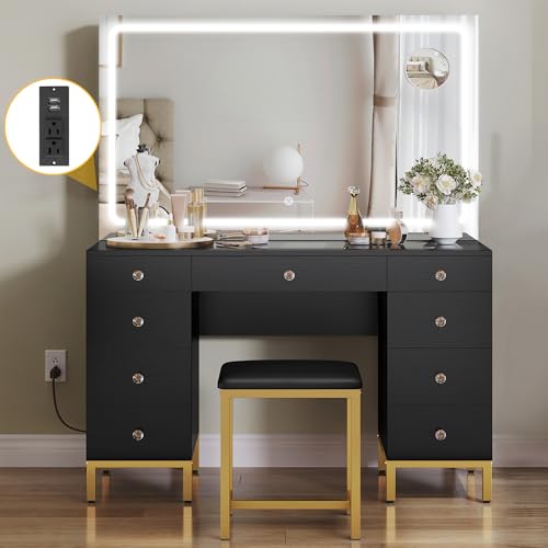 Dwvo Makeup Vanity Set With Lighted Mirror, Power Outlet And Led Lights Strips, Vanity Desk With 9 Drawers, 3 Color Modes Available For Bedroom, Black 46Inches