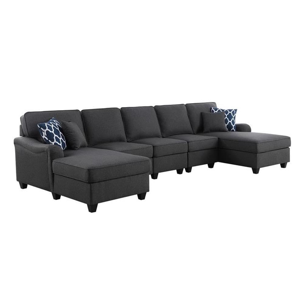Lilola Home Leo Dark Gray Linen Double Chaise 5Pc Modular Sectional Sofa