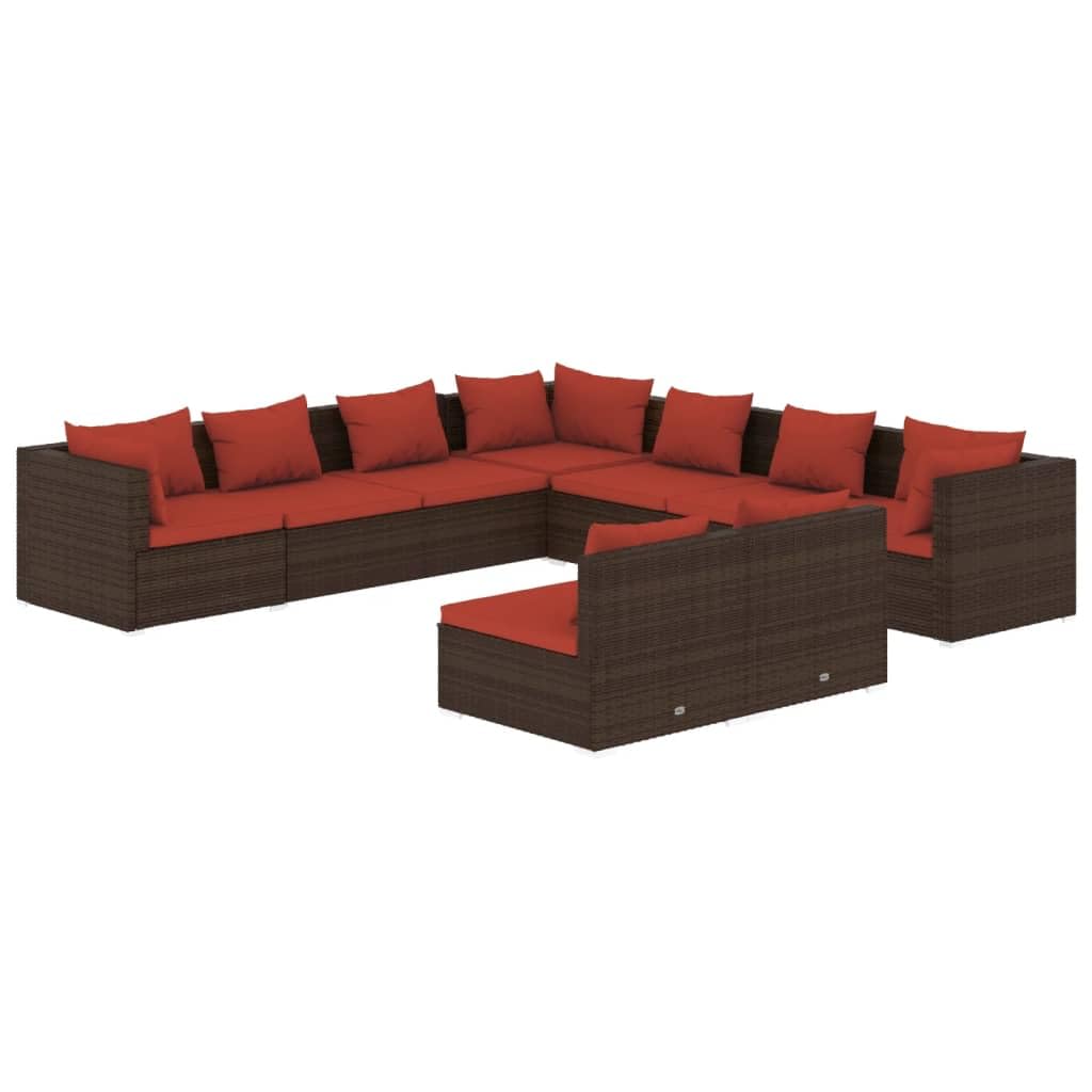 vidaXL Patio Lounge Set 9 Piece with Cushions Brown Poly Rattan Garden Seat