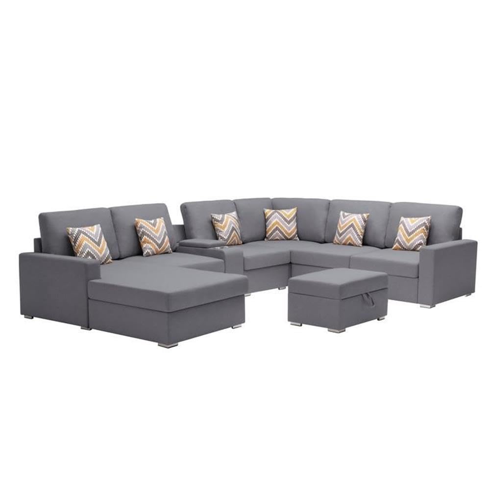 Lilola Home Nolan Gray Linen Fabric 8Pc Reversible Chaise Sectional Sofa with Interchangeable Legs, Pillows, Storage Ottoman, and a USB, Charging Ports, Cupholders, Storage Console Table