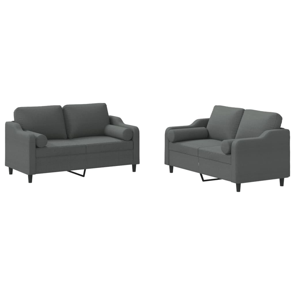 vidaXL 2-Piece Modern Sofa Set with Roll Pillows - Dark Gray Fabric, Plywood and Metal Frame, Indoor Seating Solution