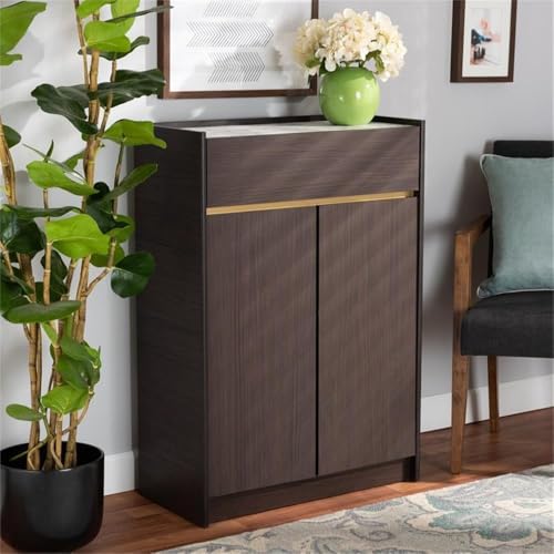 Baxton Studio Walker Modern and Contemporary Dark Brown and Gold Finished Wood Shoe Cabinet with Faux Marble Top
