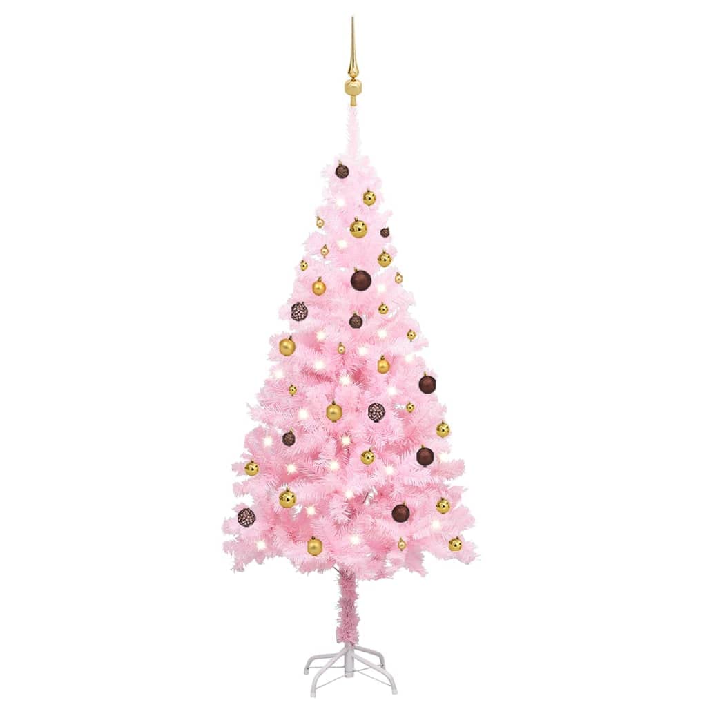 vidaXL Pink Artificial Christmas Tree with 150 LEDs and Gold & Bronze Ball Set - 70.9&quot; Tall PVC Xmas Tree with Stable Steel Stand - Reusable and Economical Holiday Decor