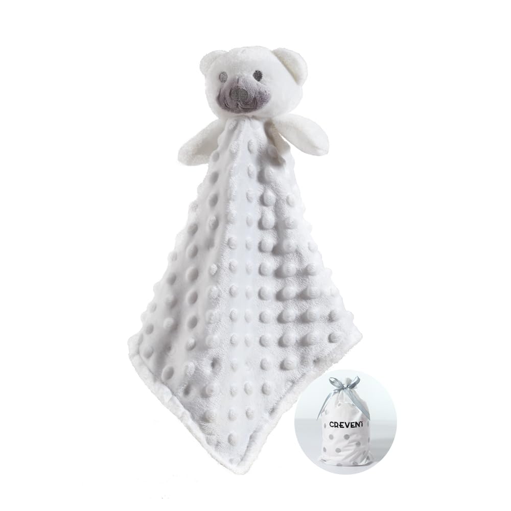 Crevent Soft Cute Snuglling Toy Baby Security Blankies Unisex, Minky Dot Front + Sherpa Backing (White Bear)