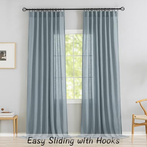 Light Stone Blue Linen Back Tab Curtains 90 Inches Long 2 Panels Set For Dining Cottage- Soft Light Weight Airy Semi Privacy Sheer Curtains Hooks Pocket Light Filtering Curtains 52 X 90 Inch Length
