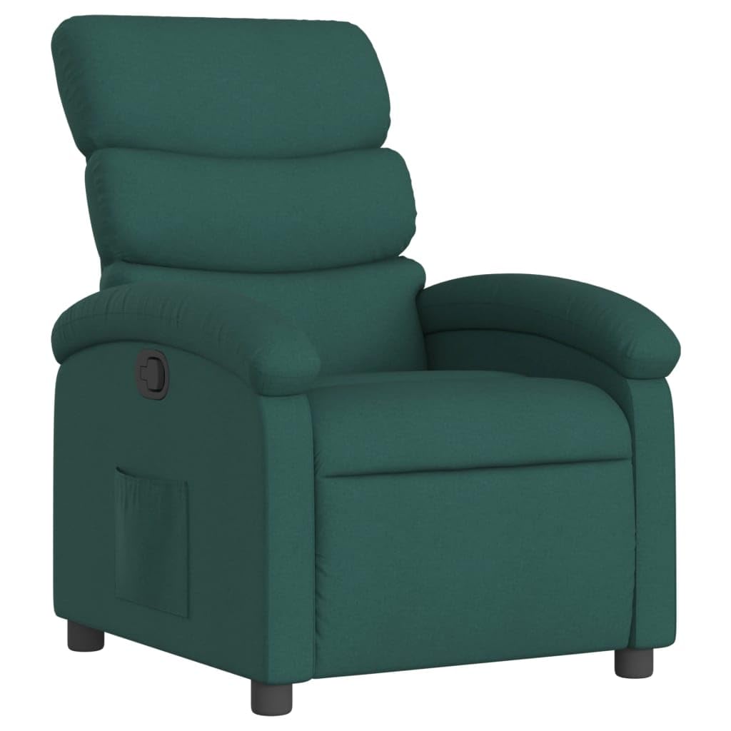 vidaXL Dark Green Fabric Recliner Chair-Adjustable Lounge Seating for Elderly, Thick Padding, Side Pocket, Wood & Metal Frame, M