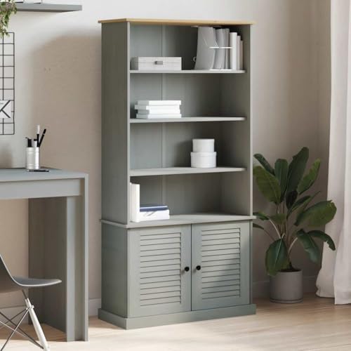 vidaXL VIGO Gray Solid Wood Pine Bookcase Storage - 3 Shelf Bookcase with Doors, Metal Knobs - 33.5&quot; x 13.8&quot; x 66.9&quot;