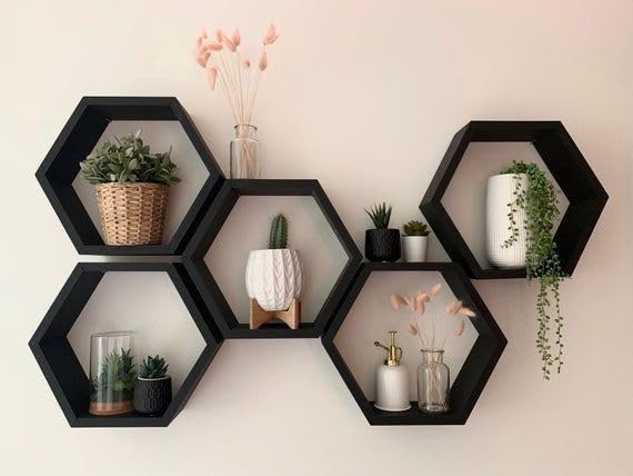 DESERT WOOD ARTS Black Wooden Wall Shelves Set of 5 Hexagon Floating Display Shelf Modern MDF Honeycomb Wall Decor Storage Shelv