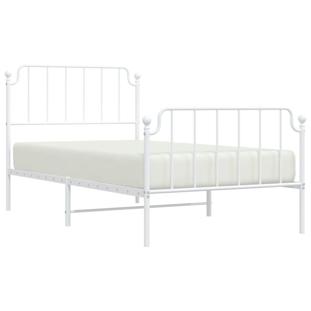 vidaXL Metal Bed Frame with Headboard and Footboard in White - Elegant Design, Extra Storage Space, Powder-Coated Steel Construction, Suitable for 39.4&quot; x 78.7&quot; Mattress