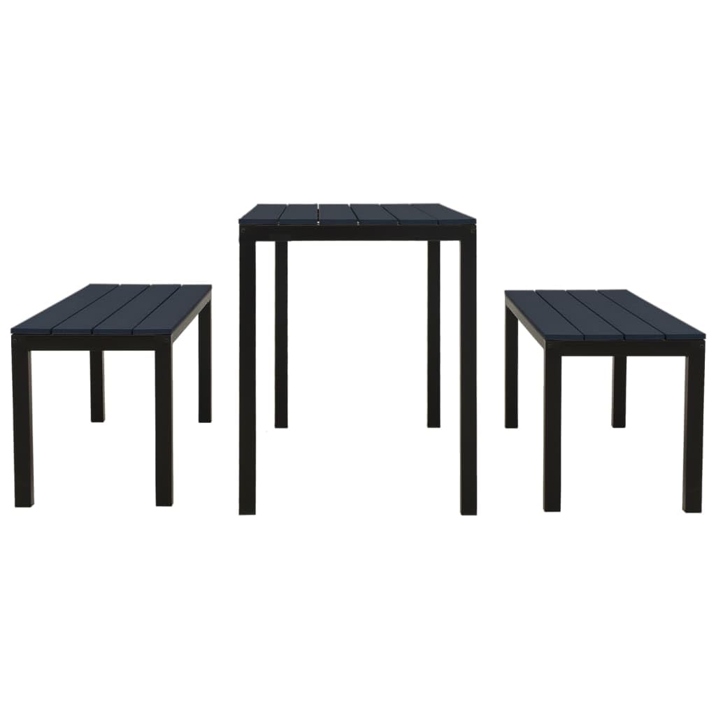vidaXL Patio Dining Set - 3 Piece Outdoor Furniture Set with Steel and WPC Constructions, Weather-Resistant - Includes Table and 2 Benches - Black