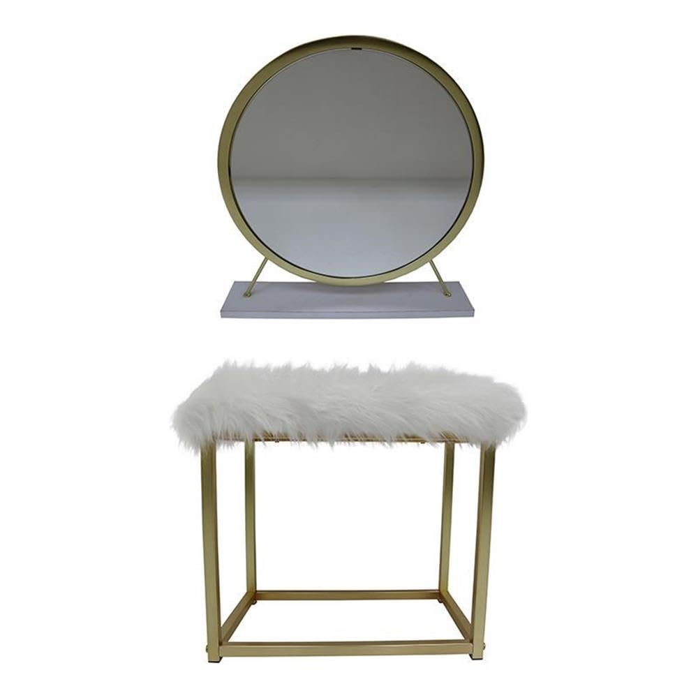 Acme Adao Vanity Mirror and Stool in White and Brass