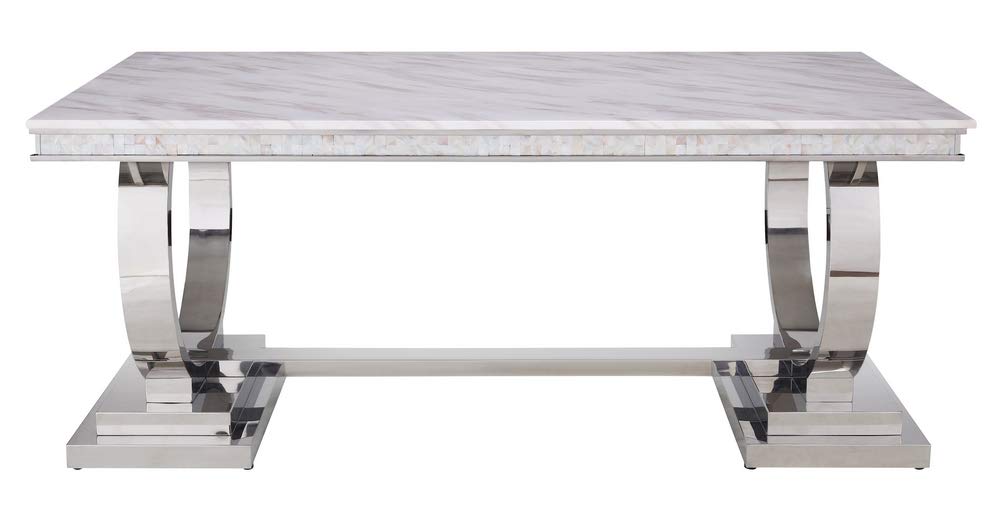 Acme Zander Dining Table in White Printed Faux Marble and Mirrored Silver Finish