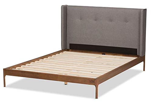 Baxton Studio Brooklyn Mid-Century Modern Walnut Wood Grey Fabric King Size Platform Bed Grey//Mid-Century/Fabric Polyester 100%&quot;/Mdf/Lvl/Rubber Wood/Foam