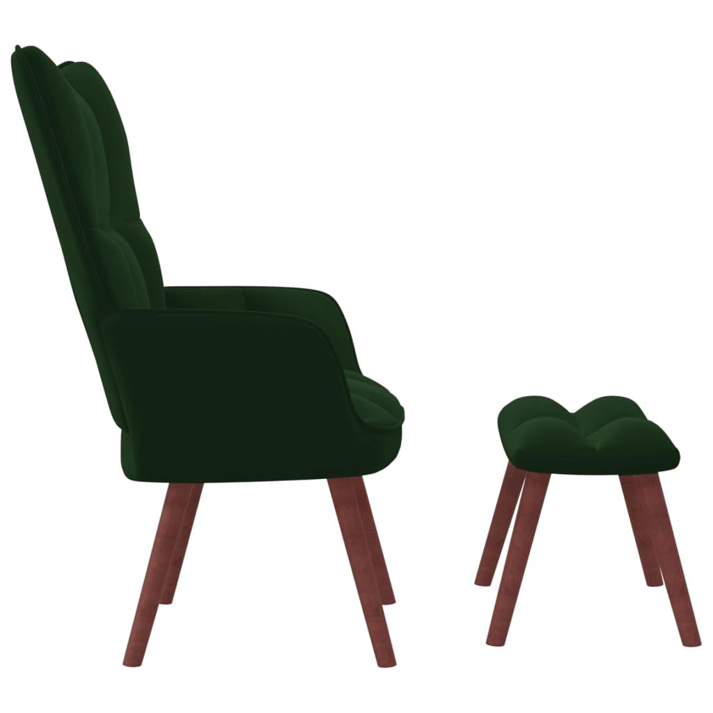 vidaXL Velvet Relaxing Chair with Stool in Dark Green - Modern Style, Steel Framed Armchair & Footstool Set, Suitable for Living Room, Bedroom, Lounge Area, and Office