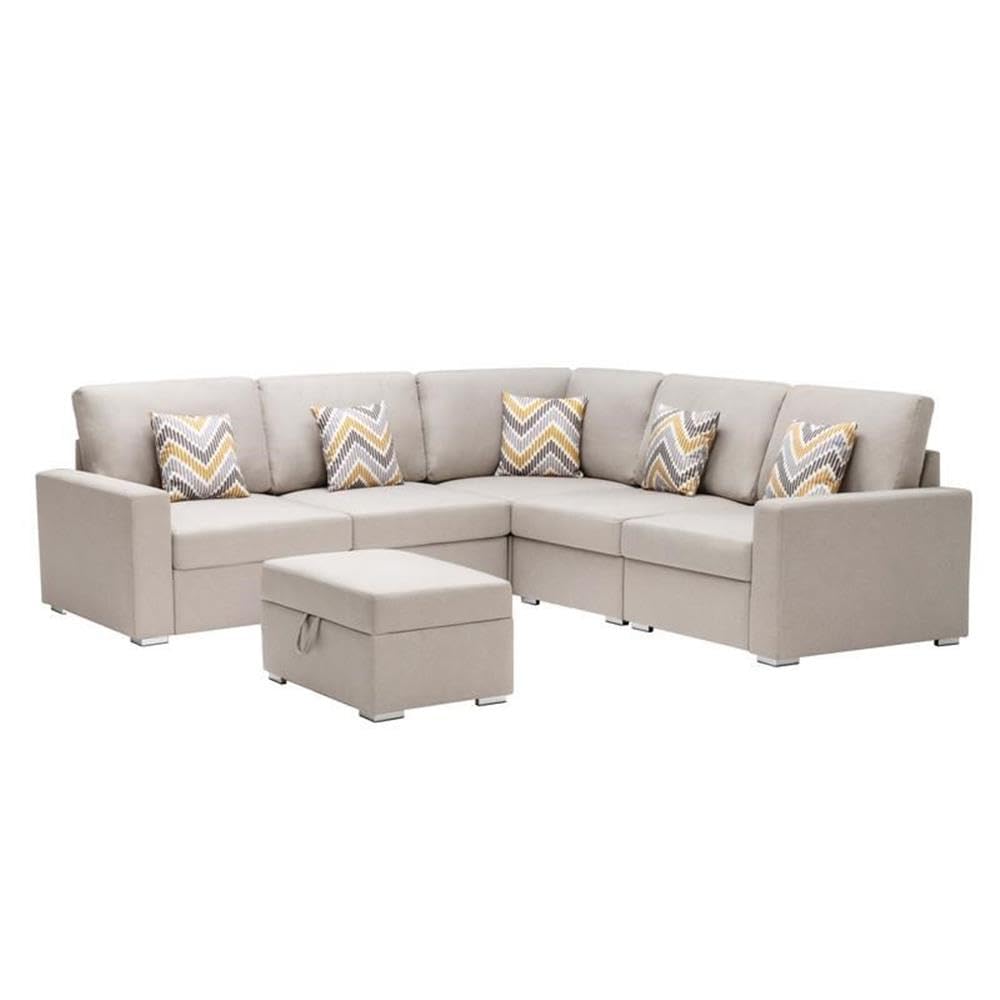 Lilola Home Nolan Beige Linen Fabric 6Pc Reversible Sectional Sofa with Pillows, Storage Ottoman, and Interchangeable Legs