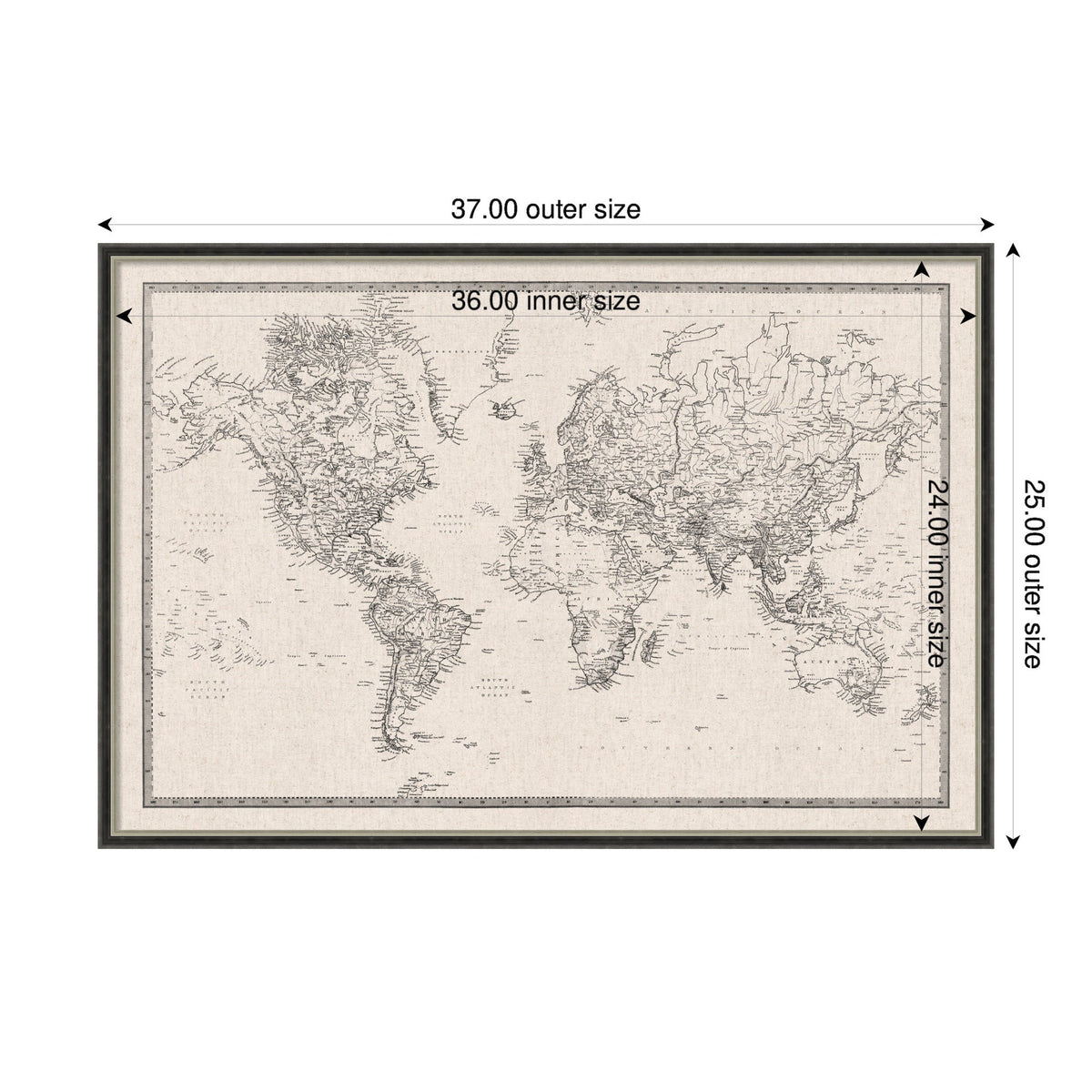 Framed Fabric Pinboard Vintage Black and White Linen World Map Wall Organization