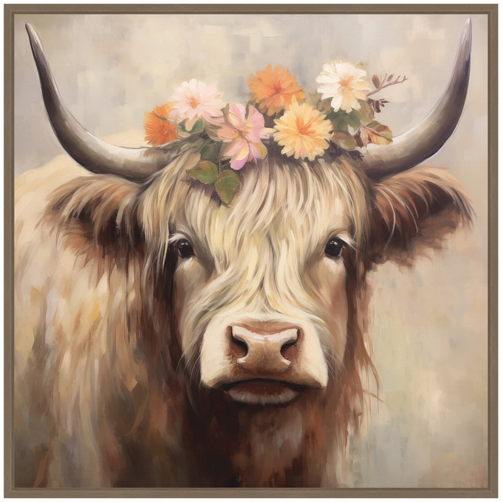Sylvie Adorable Floral Boho Highland Cow Framed Canvas by The Creative Bunch Studio