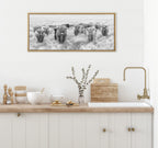 Sylvie Herd of Highland Cows Black and White Framed Canvas by The Creative Bunch Studio