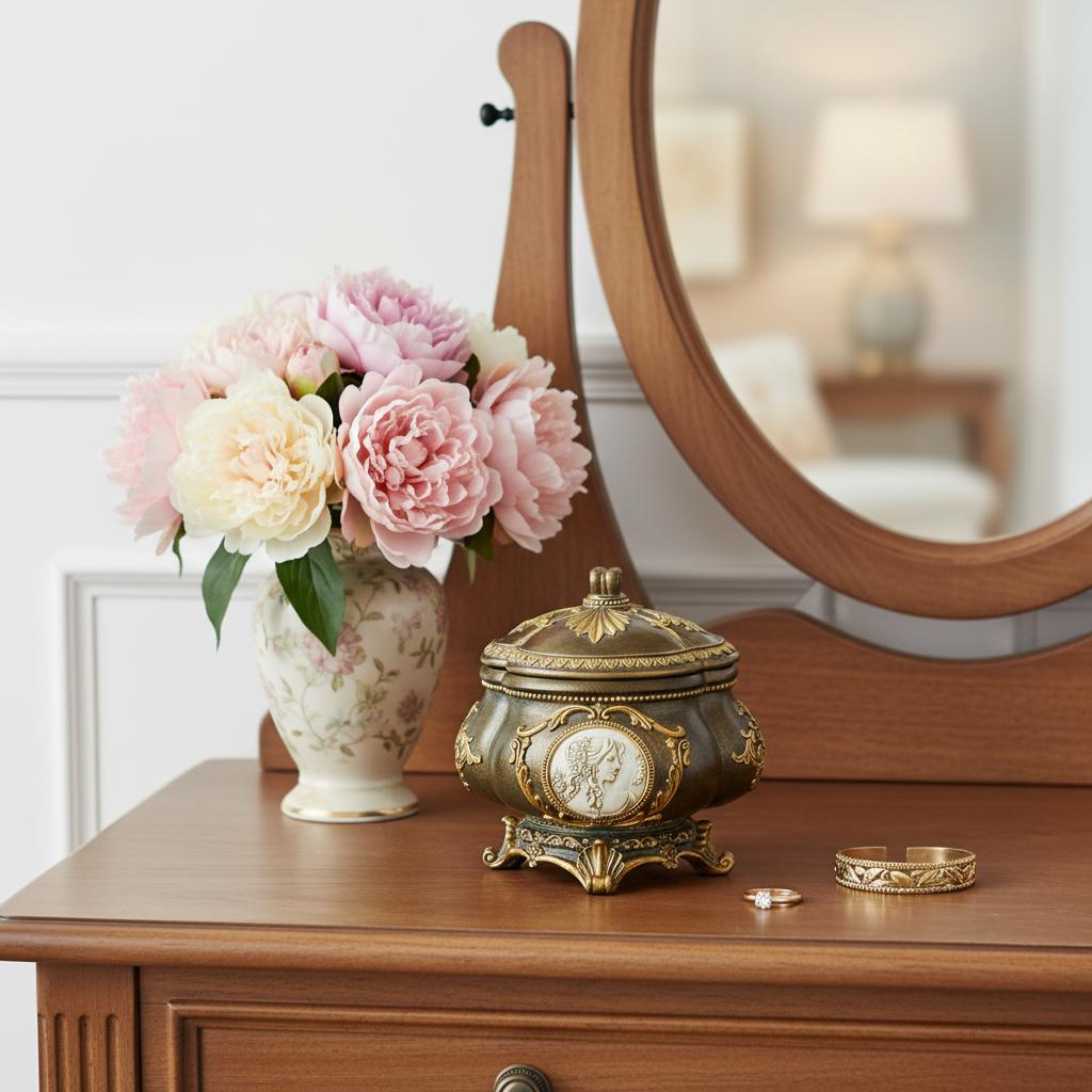 9 Bronze Gold And White Resin Floral Scroll Jewelry Box With Lacquer and High-Gloss Finishes