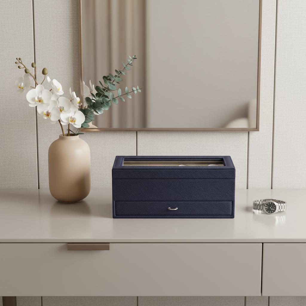 9 Blue And Clear Faux Leather And Glass Four Section Watch Box With Metal Accents