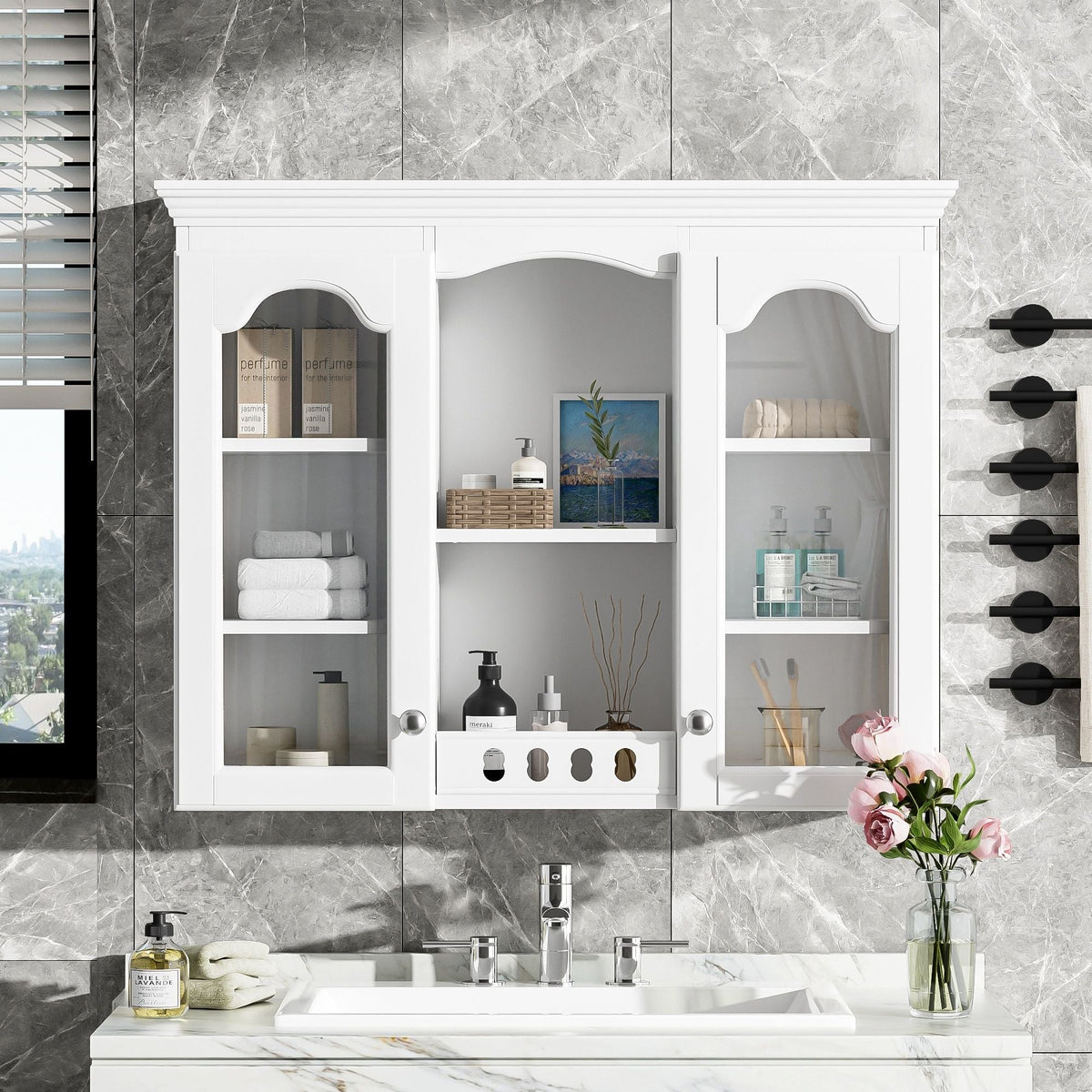 Wall-Mounted Medicine Cabinet With 2 Glass Doors, Adjustable Shelves - White
