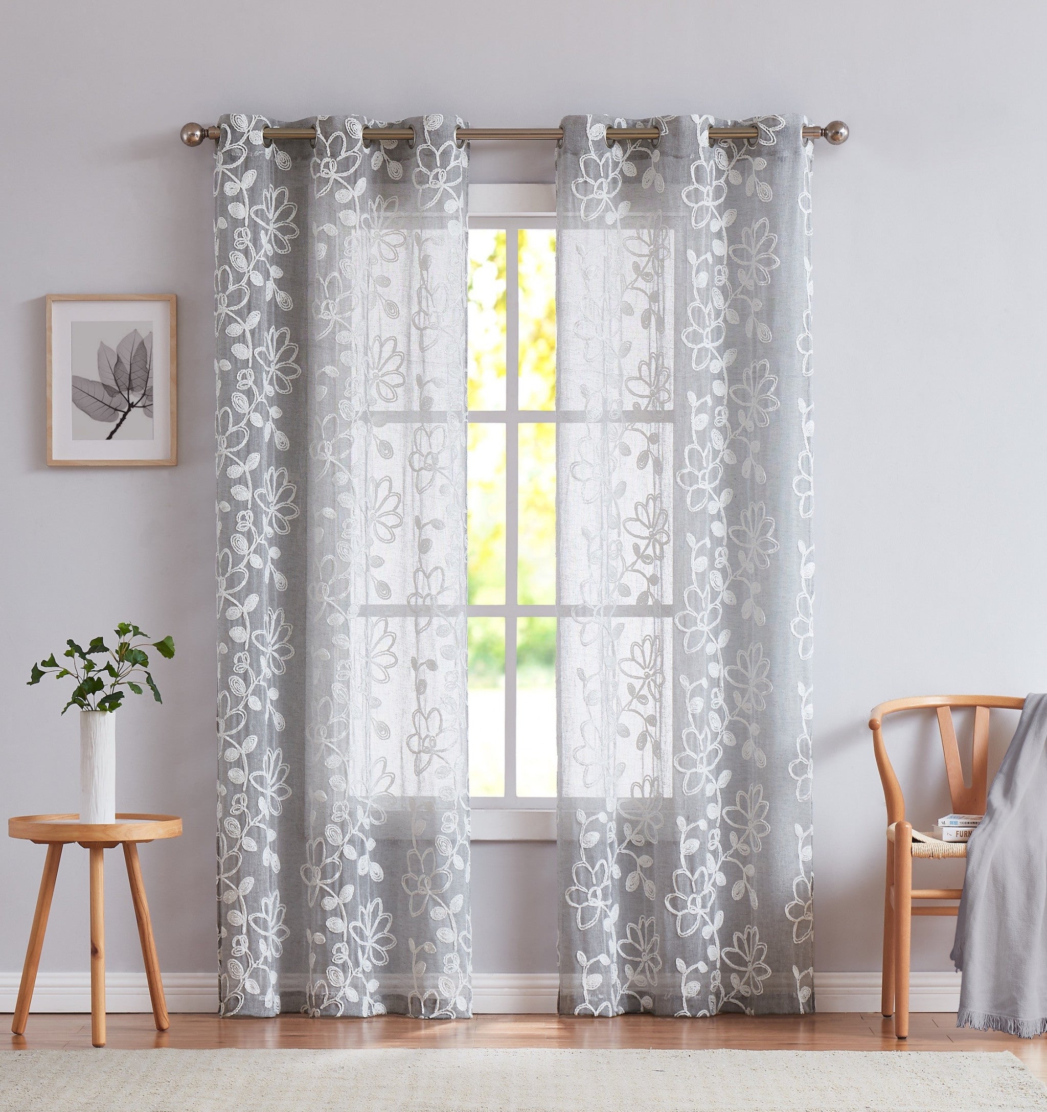 HomeRoots 473417 96 in. Silver Floral Embroidered Window Panels - Set of 2