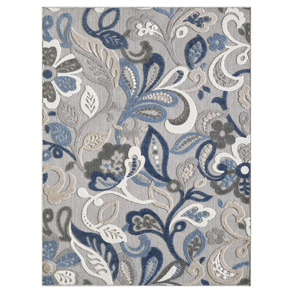 HomeRoots Grey/Blue UV-Treated Polypropylene 8’ x 10’ Blue Gray Jacobean Floral Indoor Outdoor Area Rug