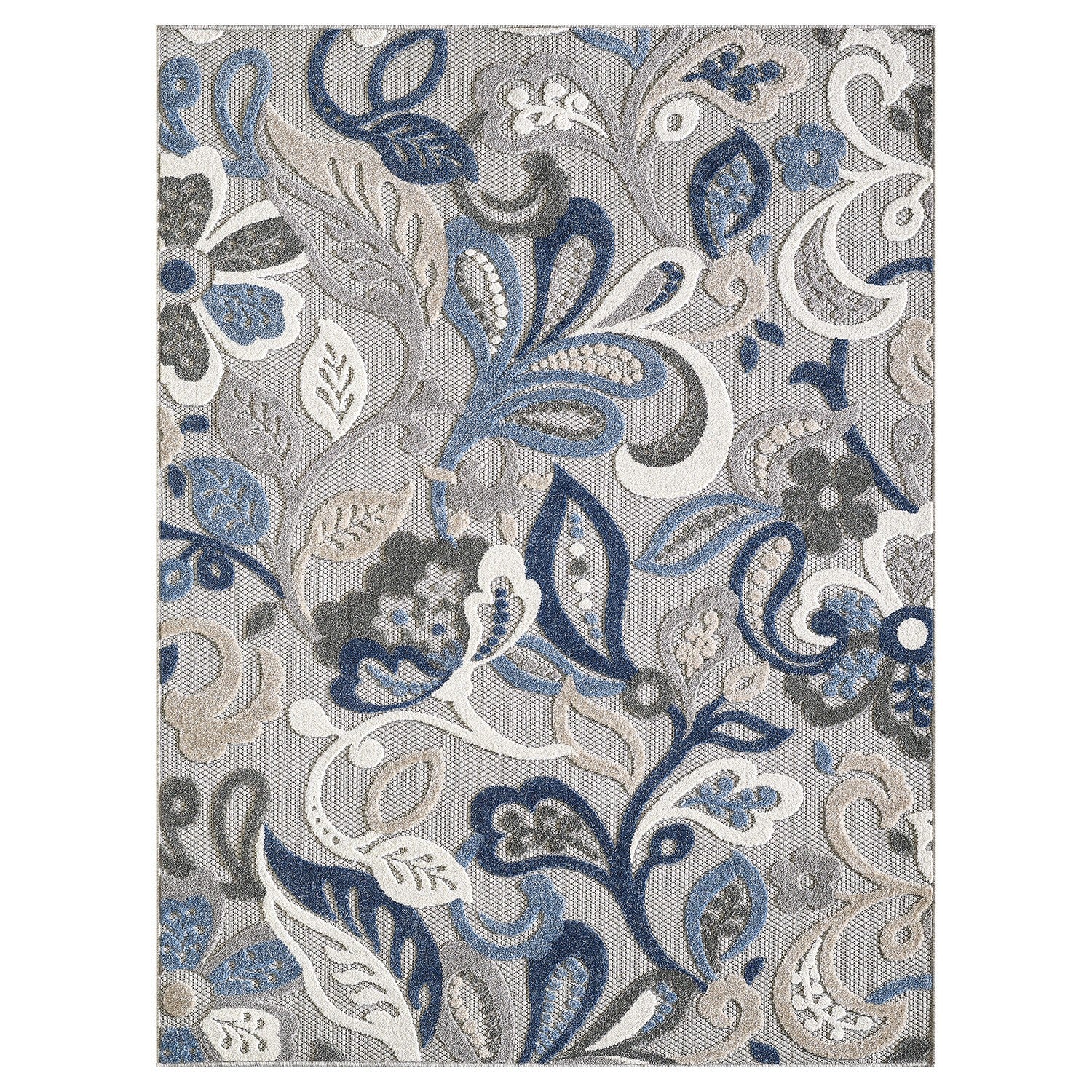 HomeRoots Grey/Blue UV-Treated Polypropylene 8’ x 10’ Blue Gray Jacobean Floral Indoor Outdoor Area Rug