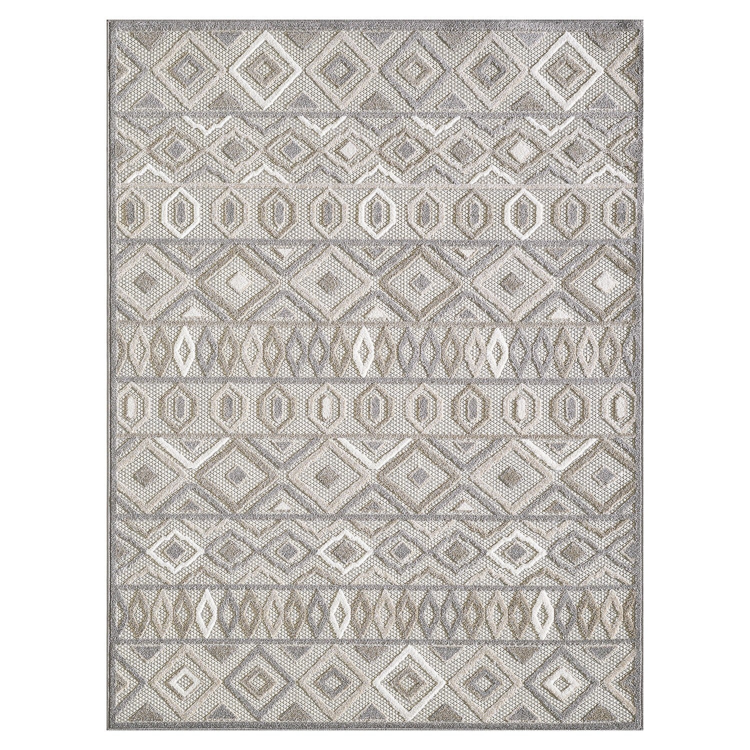 HomeRoots Grey UV-Treated Polypropylene 2’ x 4’ Gray Ivory Aztec Pattern Indoor Outdoor Area Rug