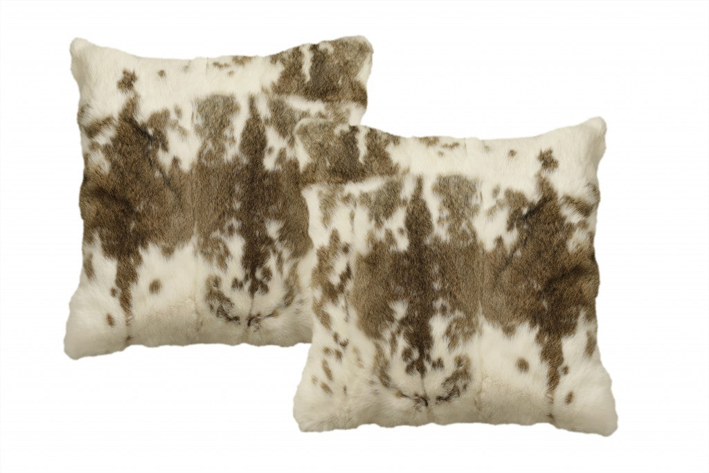 HomeRoots 100% Natural Rabbit Fur and Microsuede Set of Two 18' X 18' Brown and White Rabbit Natural Fur Animal Print Throw Pillows