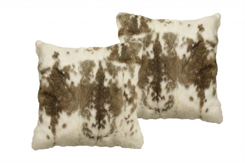 HomeRoots 100% Natural Rabbit Fur and Microsuede Set of Two 18' X 18' Brown and White Rabbit Natural Fur Animal Print Throw Pillows