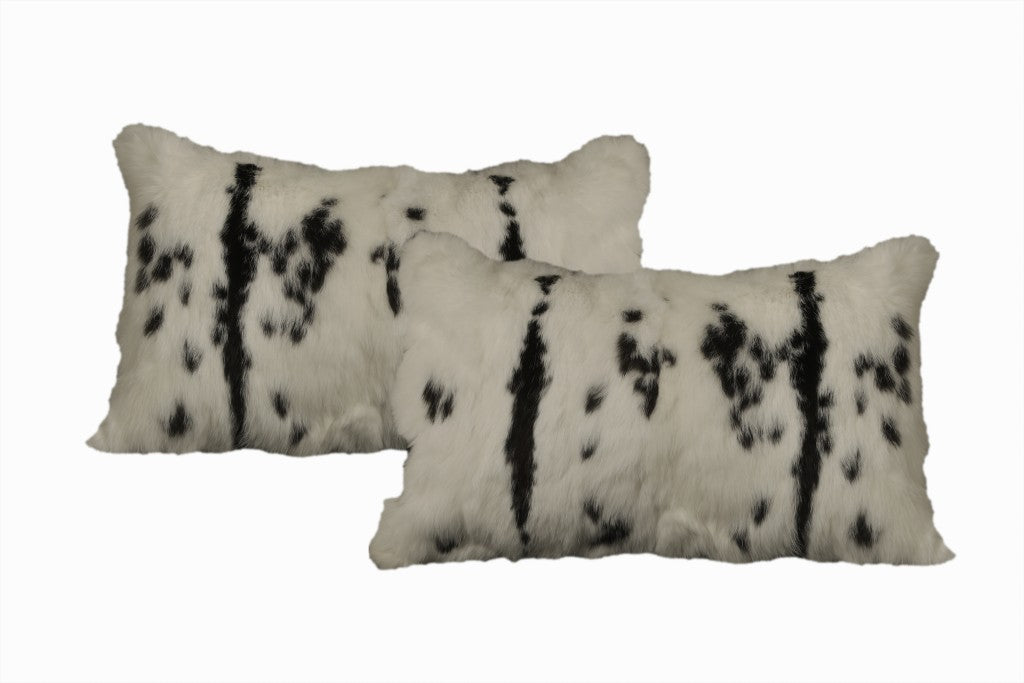 HomeRoots 100% Natural Rabbit Fur and Microsuede Set of Two 12' X 20' Black and White Rabbit Zippered Natural Fur Animal Print Throw Pillows
