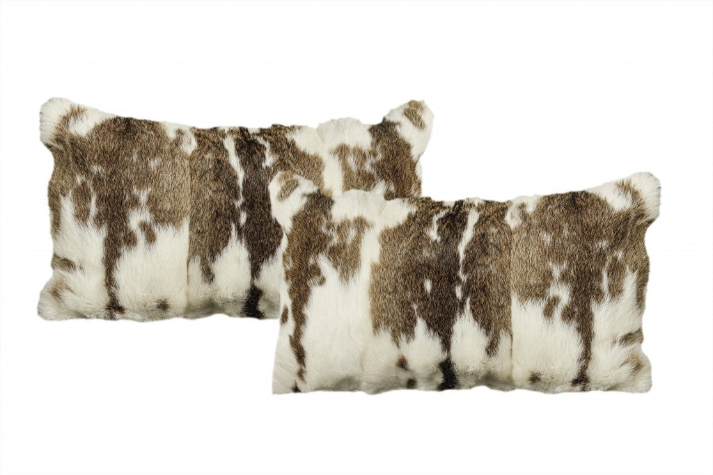 HomeRoots 100% Natural Rabbit Fur and Microsuede Set of Two 12' X 20' Brown and White Rabbit Natural Fur Animal Print Throw Pillows