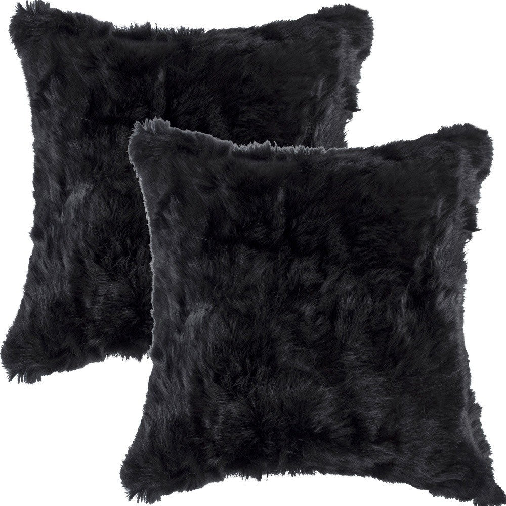 HomeRoots 100% Natural Rabbit Fur and Microsuede Set of Two 18' X 18' Black Rabbit Natural Fur Animal Print Throw Pillows