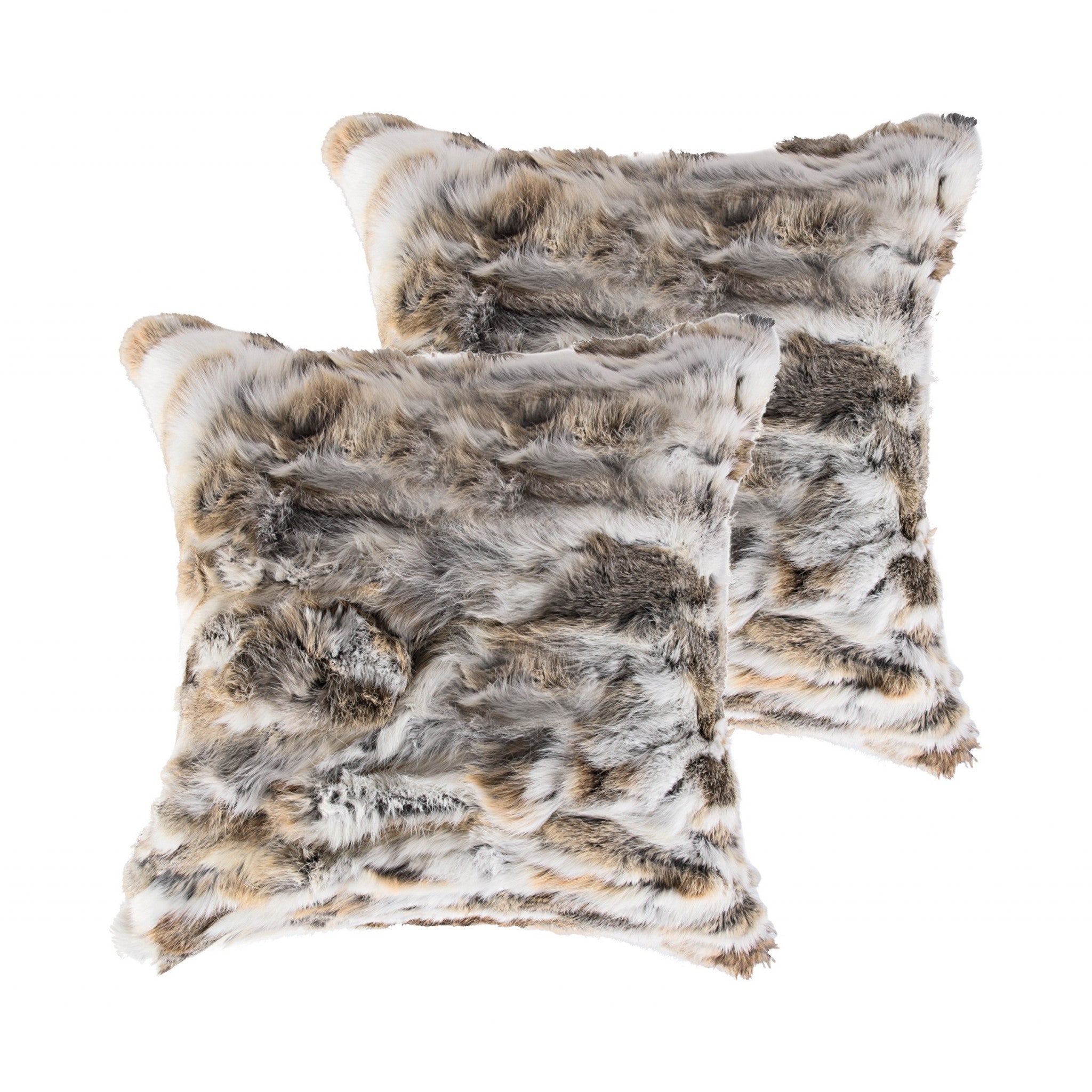 HomeRoots 100% Natural Rabbit Fur and Microsuede Set of Two 18' X 18' Tan and White Rabbit Natural Fur Animal Print Throw Pillows