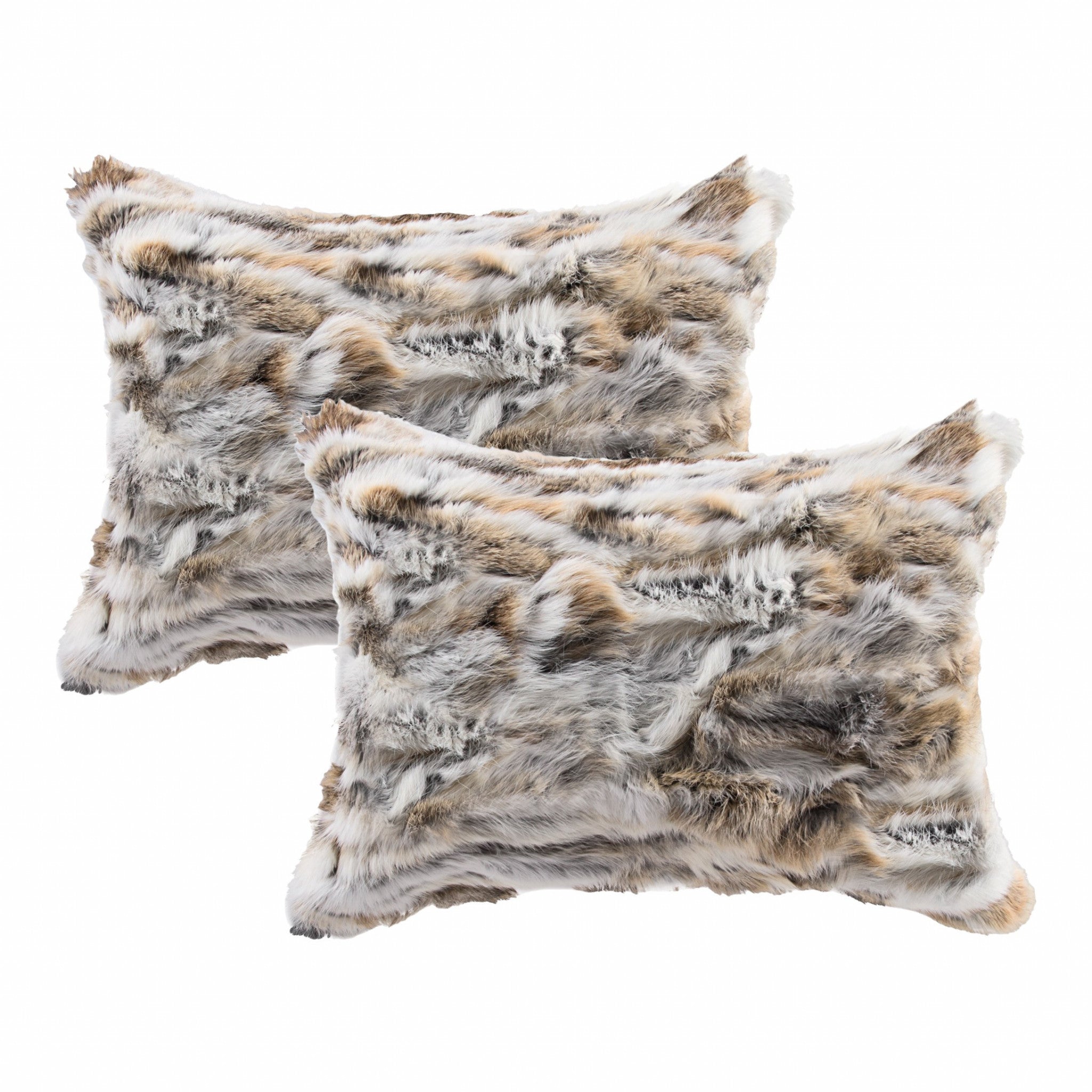 HomeRoots 100% Natural Rabbit Fur and Microsuede Set of Two 12' X 20' Tan and White Rabbit Natural Fur Animal Print Throw Pillows