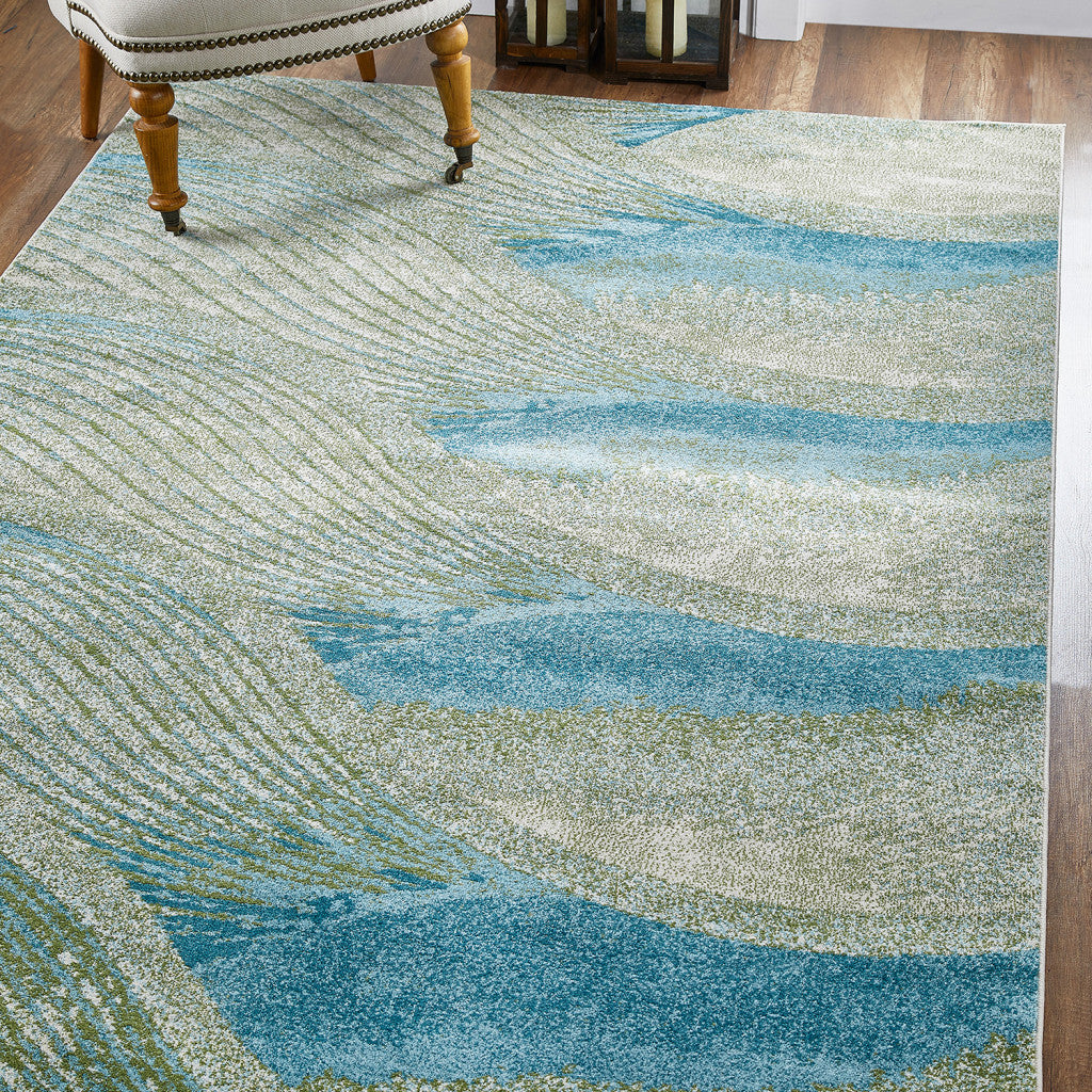 HomeRoots Ocean Heat-Set Polypropelene 3’ x 5’ Blue Beige Abstract Waves Modern Area Rug