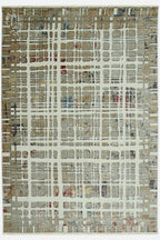 HomeRoots Shrink Polyester 4’ x 6’ Ivory Khaki Distressed Plaid Area Rug