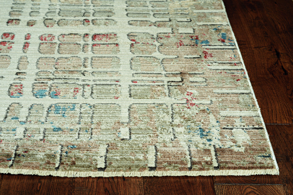 HomeRoots Shrink Polyester 4’ x 6’ Ivory Khaki Distressed Plaid Area Rug