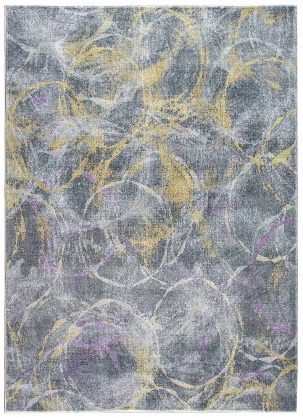 HomeRoots Grey/Gold Polyester 8’ x 10’ Gray Gold Abstract Rings Area Rug