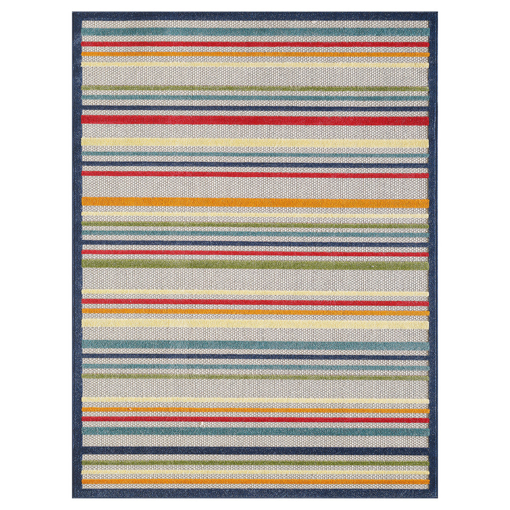 HomeRoots Ivory UV-Treated Polypropylene 5’ x 7’ Navy Colorful Striped Indoor Outdoor Area Rug