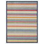 HomeRoots Ivory UV-Treated Polypropylene 5’ x 7’ Navy Colorful Striped Indoor Outdoor Area Rug